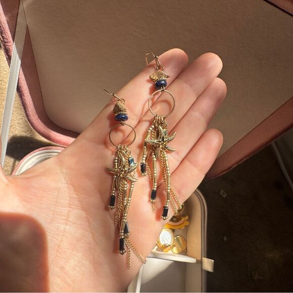 Gold and Blue Beachy Starfish Dangle Earrings - Picture 3 of 5